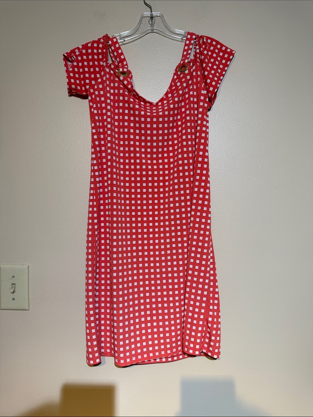 MICHAEL Michael Kors Red and White Gingham Ring-Shoulder Dress
